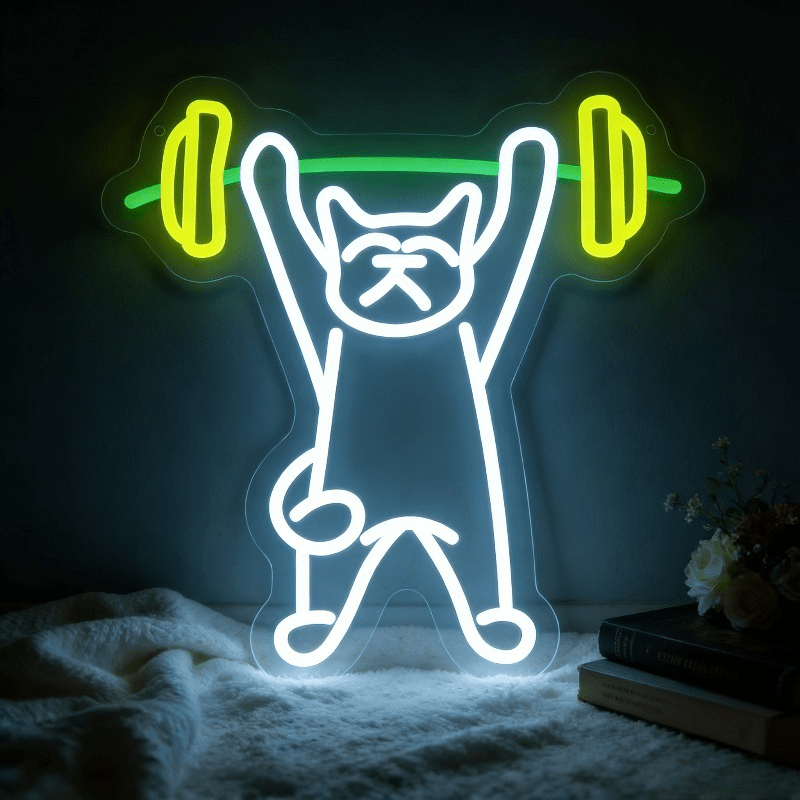 Home Gym Neon Sign - Cat Lifting Weights Neon Sign LED